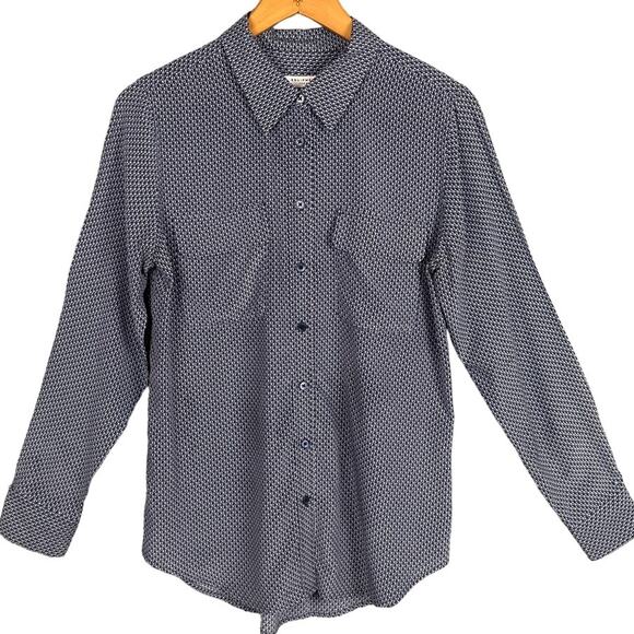 Equipment Signature Button Front Silk Blouse Blue Black Pattern Size M Designer - Picture 1 of 9
